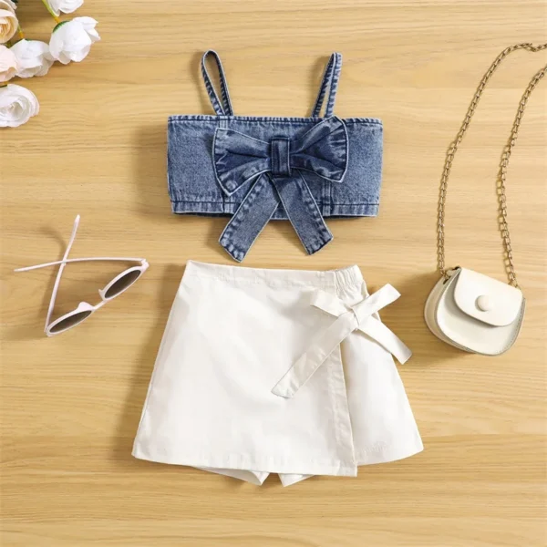 Summer Kids Girls Outfit Solid Color Sleeveless Bow Denim Camisole and Elastic Casual Skirt Shorts Clothes Set – Bild 2
