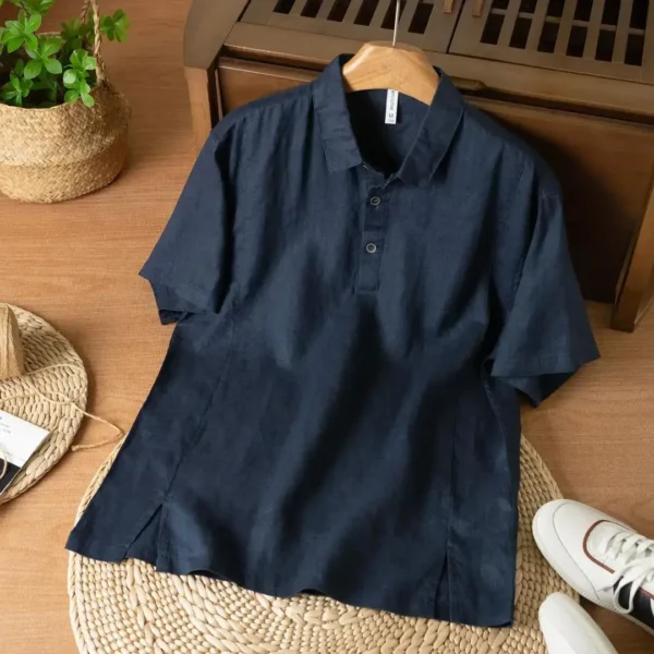 Summer Solid Color Linen Short-sleeved Shirt Men's Light and Breathable Simple Thin Retro Casual Top – Bild 4