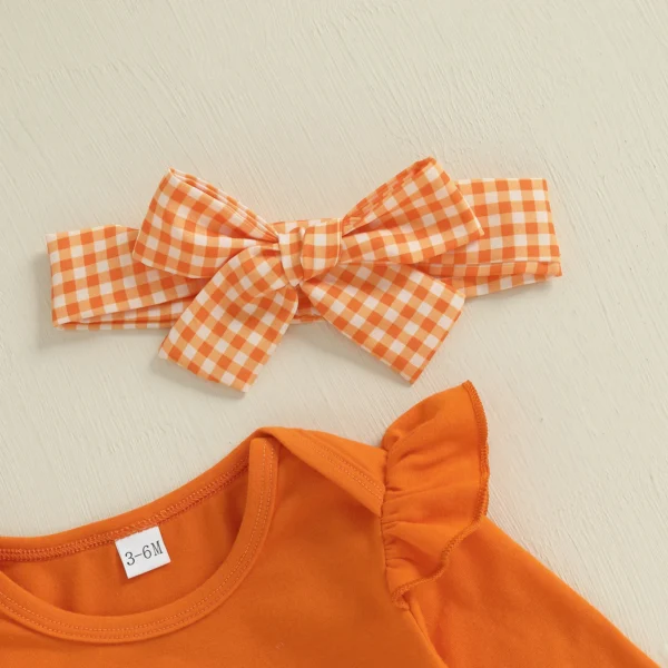 Baby Girl Halloween Outfit Pumpkin Face Embroidered Long Sleeve Romper Plaid Skirt with Bow Headband 3 Pcs Set – Bild 4