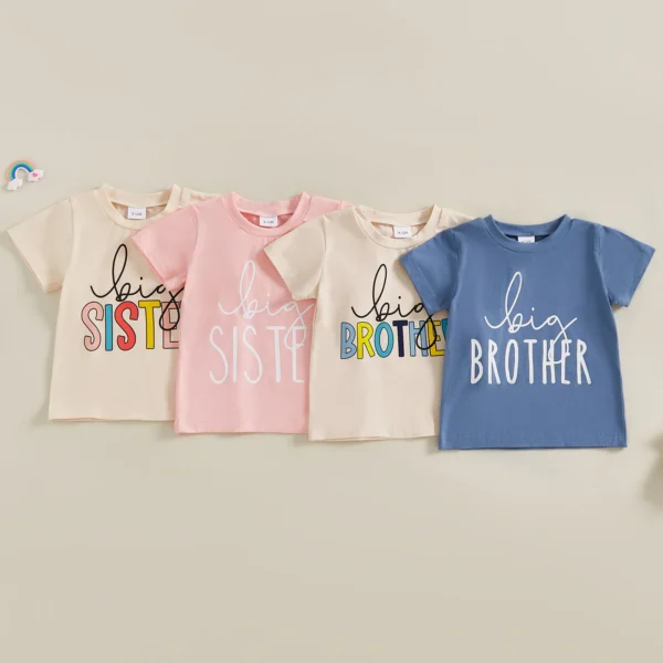 Toddler Girls Boys T-Shirts Letter Print Short Sleeve Shirts Summer Casual Fashion Kids Tops Brother Sister Matching Outfits