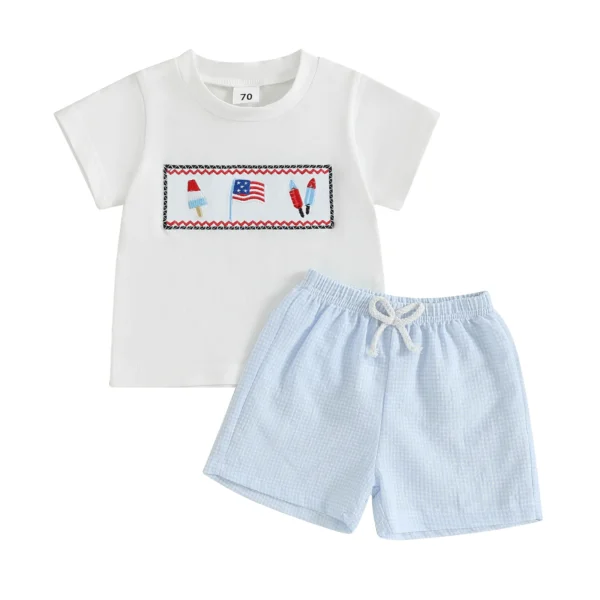 Toddler Baby Boy 4th of July Outfit Popsicle American Flag Embroidered Short Sleeve Tshirts Plaid Shorts 2 Piece Summer Set – Bild 3
