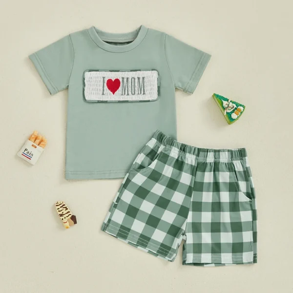 Toddler Baby Summer Outfit Letter Embroidery Short Sleeve T-Shirt with Plaid Shorts 2 Pcs Set for Mother's Day – Bild 2