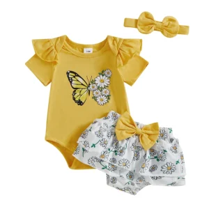 Baby Girl Summer Outfit Daisy Butterfly Print Ruffled Crew Neck Short Sleeve Romper Shorts and Bow Headband 3 Pcs Set