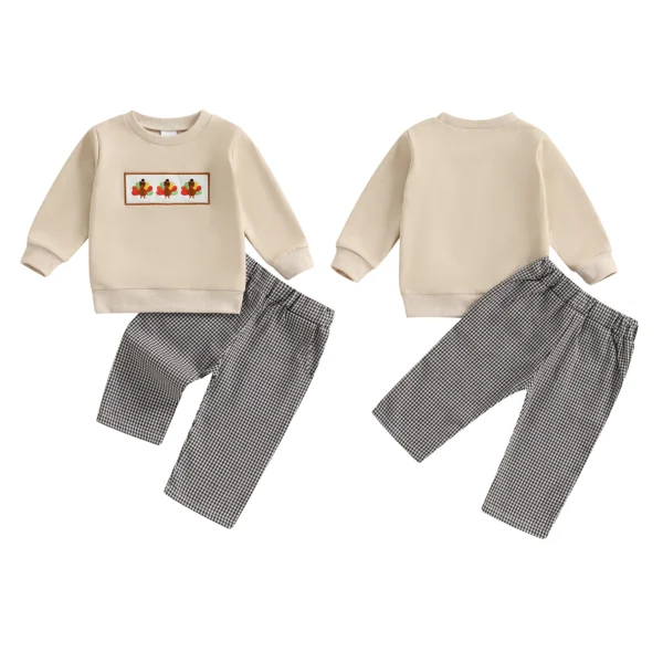 Toddler Boys Thanksgiving Outfits Turkey Embroidery Sweatshirts and Plaid Long Pants 2Pcs Clothes Set – Bild 2