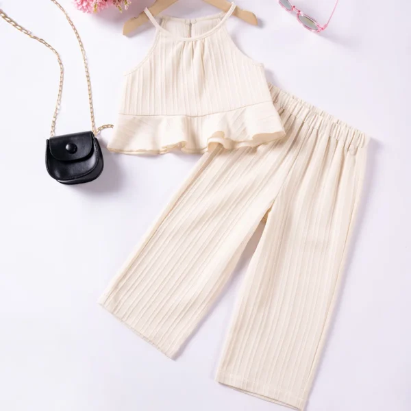 Toddler Little Girl Pants Set Solid Sleeveless Ruffle Cami Tops Elastic Waist Wide Leg Pants 2 Piece Summer Outfit – Bild 3