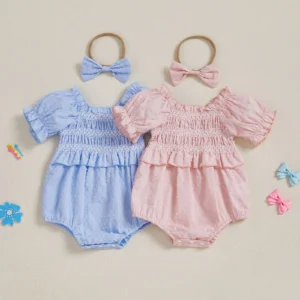 Baby Girls Summer Romper Short Sleeve Off Shoulder Ruched Jumpsuit with Headband