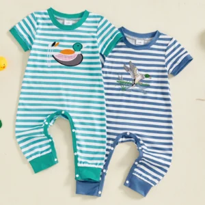 Infant Baby Boys Summer Striped Jumpsuit Short Sleeve Round Neck Duck Embroidery Casual Romper
