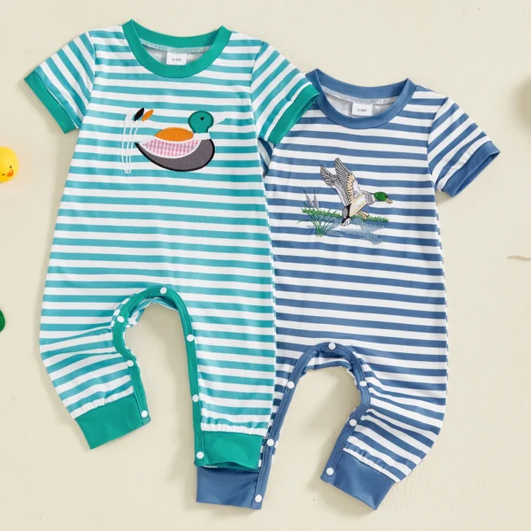 Infant Baby Boys Summer Striped Jumpsuit Short Sleeve Round Neck Duck Embroidery Casual Romper
