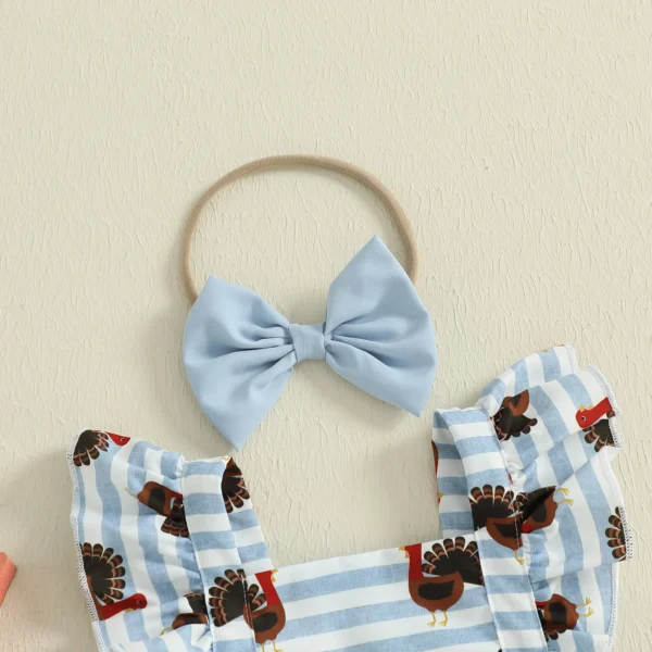Newborn Girl Outfit, Fly Sleeve Stripes Turkey Print Romper with Bowknot Hairband Thanksgiving Clothes – Bild 5