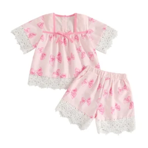 Kids Girls Shorts Set Bow Print Lace Trim Short Sleeve T-shirt with Shorts Summer Outfit Clothes