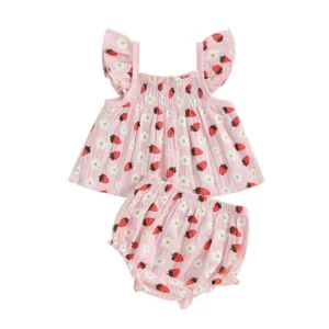 Baby Girl Summer Outfits Strawberry Flower Print Fly Sleeve Tops Elastic Waist Shorts 2Pcs Clothes Set
