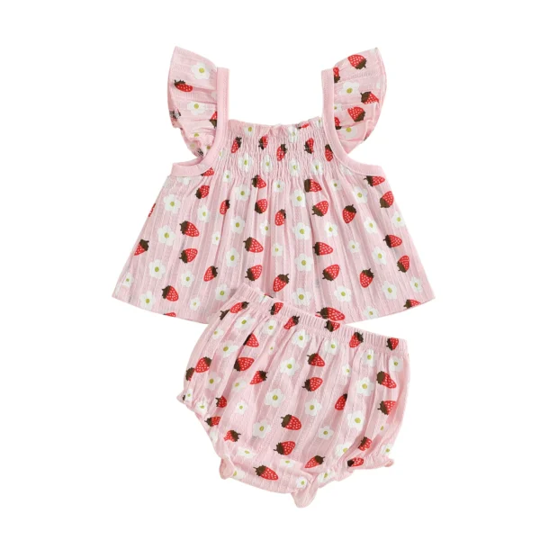 Baby Girl Summer Outfits Strawberry Flower Print Fly Sleeve Tops Elastic Waist Shorts 2Pcs Clothes Set
