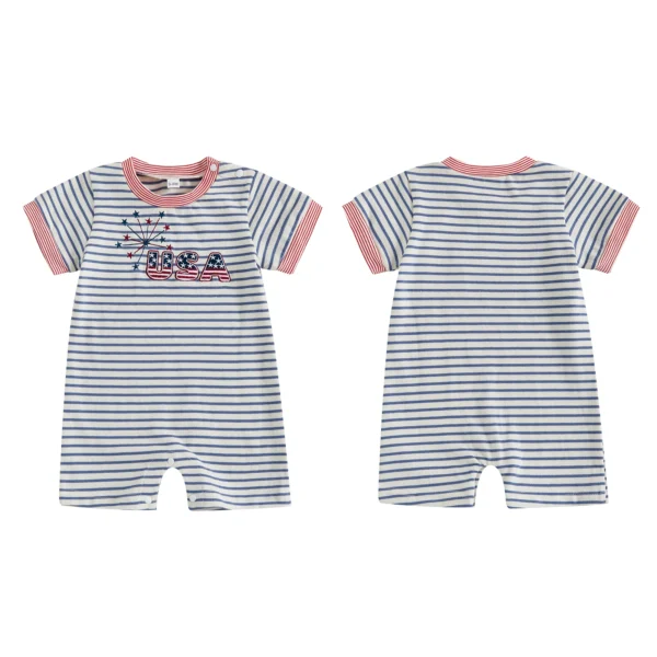 Baby Boy Fourth of July Romper Short Sleeve Crew Neck Firework Embroidery Jumpsuit Newborn Playsuit – Bild 6