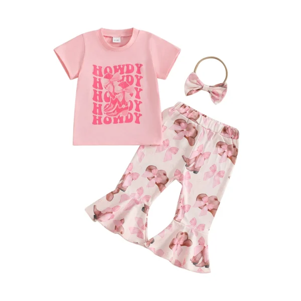 Toddler Baby Girl Summer Outfit Print Short Sleeve T-Shirt Bell Bottoms and Bow Headband 3 Pcs Set