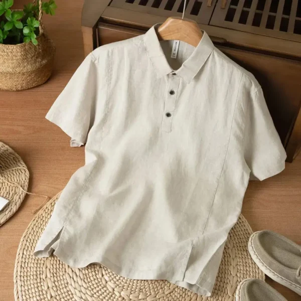 Summer Solid Color Linen Short-sleeved Shirt Men's Light and Breathable Simple Thin Retro Casual Top – Bild 2
