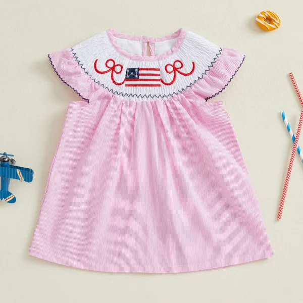 Independence Day Toddler Girls Patriotic Dress Casual Bow Flag Embroidery Fly Sleeves A-Line Dress for Beach Party Cute Clothes – Bild 6