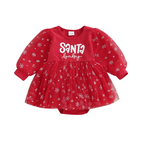 Baby Girls Christmas Romper Dress Long Sleeve Round Neck Tulle Patchwork Rompers – Bild 4