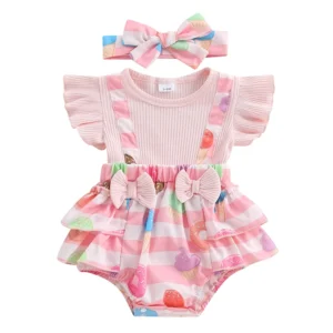 Infant Baby Girls Rompers Stripe Donut Print Bowknot Fly Sleeve Infant Bodysuits Jumpsuits with Headband