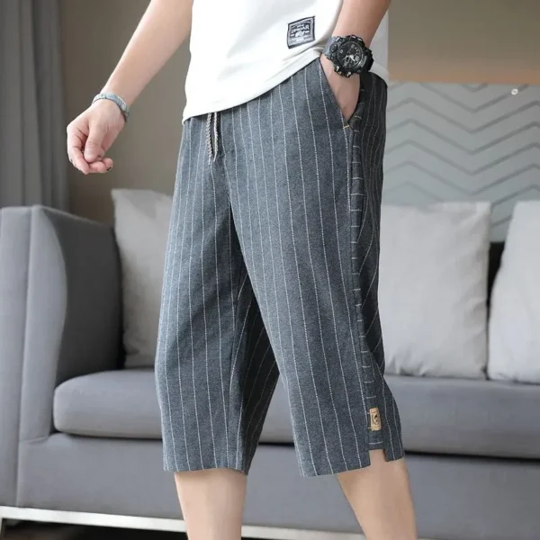 Line Men Summer 2025 New Fashion Loose Cotton and Line Thin Straight Casual 7-Cut Shorts – Bild 2