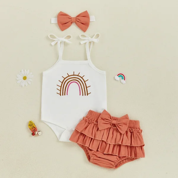 Baby Girl Summer Outfits Rainbow Embroidery Cami Romper + Solid Tiered Shorts + Bow Headband 3 Pcs Set – Bild 2