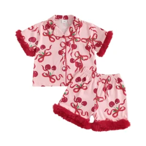 Summer Kids Girls Pajamas Set Cherry Print Short Sleeve Turn-down Collar Shirt with Elastic Waist Shorts Sleepwear