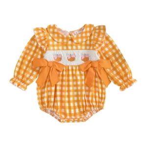 Baby Girl Halloween Romper Bows Pumpkin Embroidery Plaid Doll Collar Long Sleeve Jumpsuit for Fall