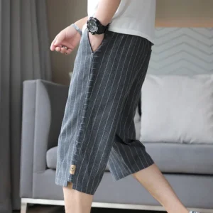 Line Men Summer 2025 New Fashion Loose Cotton and Line Thin Straight Casual 7-Cut Shorts