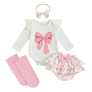 Baby Girl Fall Outfits Bow Embroidered Round Neck Long Sleeve Romper Elastic Waist Shorts Headband Socks 4Pcs Clothes Set