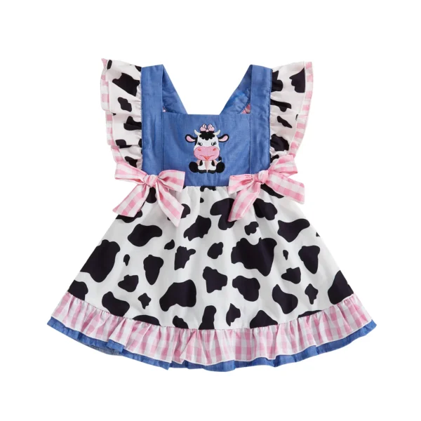 Girls A-line Dress, Sleeveless Plaid Embroidery Cow Patchwork Party Dress Bowknot Summer Dress