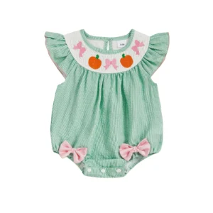 Baby Girls Rompers Halloween Clothes Pumpkin Bow Embroidery Round Neck Fly Sleeve Bodysuits Jumpsuits