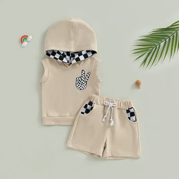 Summer Toddler Boys Shorts Sets Sleeveless Hooded Vest and Drawstring Plaids Shorts Clothes Sets – Bild 2