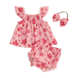 2Pcs Baby Girl Summer Outfits Fly Sleeve Floral Print Tank Tops + Shorts Set Toddler Clothes