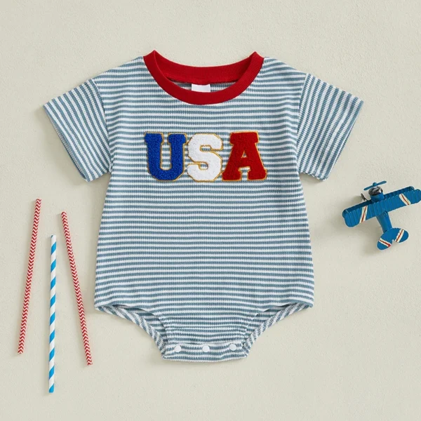Independence Day Infant Baby Boy 4th of July Jumpsuit Short Sleeve Round Neck Letter Embroidery Striped Romper – Bild 2