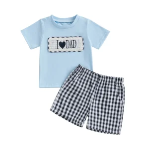 Toddler Girls Father's Day 2 Piece Outfits Short Sleeve Letter Heart Embroidery Tops Plaid Shorts Sets