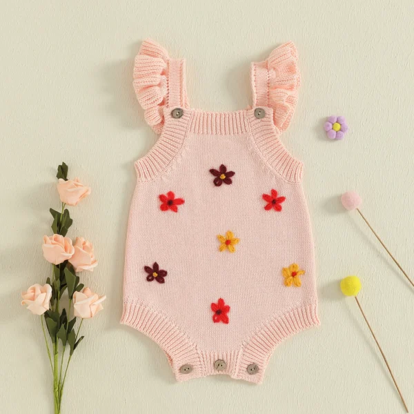 Baby Girls Spring Summer Knit Jumpsuits Flying Sleeve Flower Embroidery Overalls – Bild 5