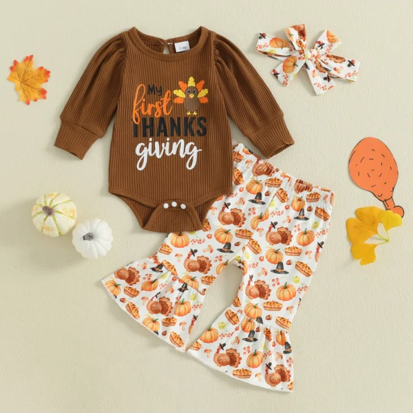 Baby Girl Thanksgiving Outfits Turkey Letter Print Crew Neck Long Sleeve Romper Flare Pants Headband 3Pcs Clothes Set – Bild 3