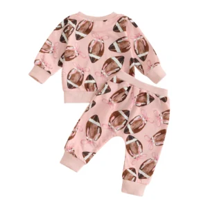 Toddler Baby Girl Fall Outfits Rugby Bow Print Crew Neck Long Sleeve Sweatshirt with Pants 2 Pcs Set