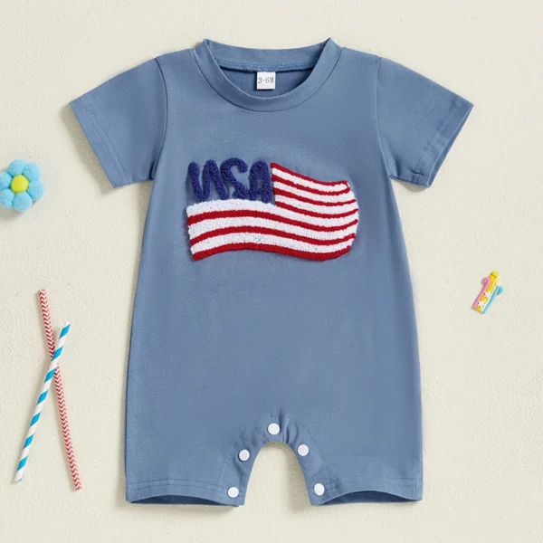 Independence Day Infant Baby Boys 4th of July Romper Loose Fit Flag Letter Embroidery Crew Neck Short Sleeve Newborn Jumpsuit – Bild 2