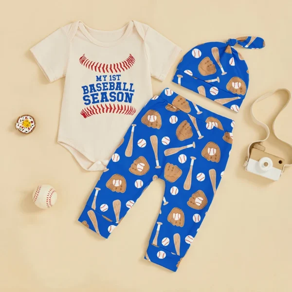 Infant Baby Boy Baseball Outfit Letter Short Sleeve Romper Baseball Pants Knotted Hat 3 Pcs Summer Set – Bild 2