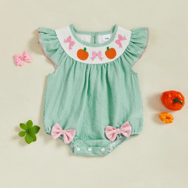 Baby Girls Rompers Halloween Clothes Pumpkin Bow Embroidery Round Neck Fly Sleeve Bodysuits Jumpsuits – Bild 2