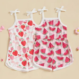 Kids Toddler Girl Overalls Watermelon Print Tie-up Spaghetti Strap Shorts Romper Cute Summer Clothes