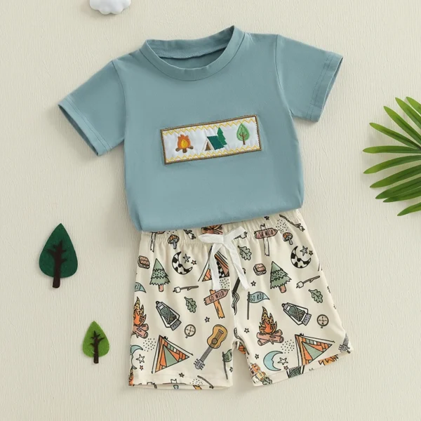Summer Toddler Boys Outfits Camping Elements Embroidery Short Sleeve T-Shirts Elastic Waist Shorts 2Pcs Clothes Set – Bild 4