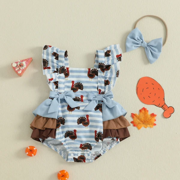 Newborn Girl Outfit, Fly Sleeve Stripes Turkey Print Romper with Bowknot Hairband Thanksgiving Clothes – Bild 2