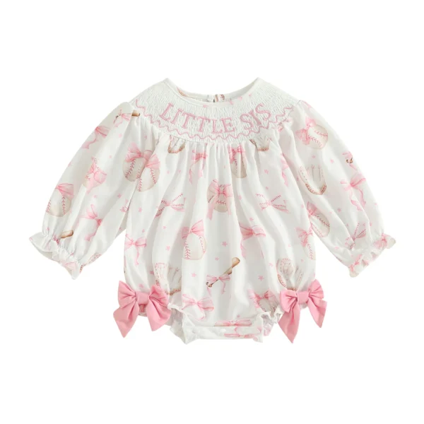Baby Girls Romper, Long Sleeve Crew Neck Bow Print Embroidery Letters Bodysuit Clothes for Casual Daily – Bild 2