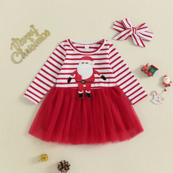 Toddler Girl Christmas A Line Dress Santa Claus Embroidery Stripe Print Round Neck Long Sleeves Dress – Bild 2