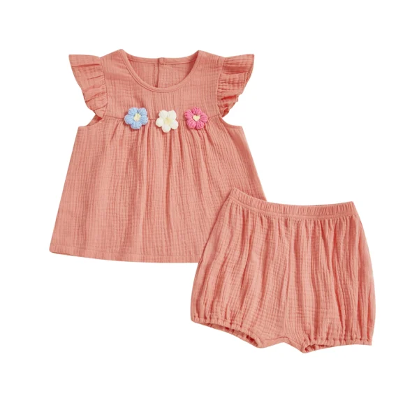 Girls 2 Piece Outfits Flying Sleeve O Neck 3D Flower Tops and Cotton Linen Shorts Sets – Bild 4
