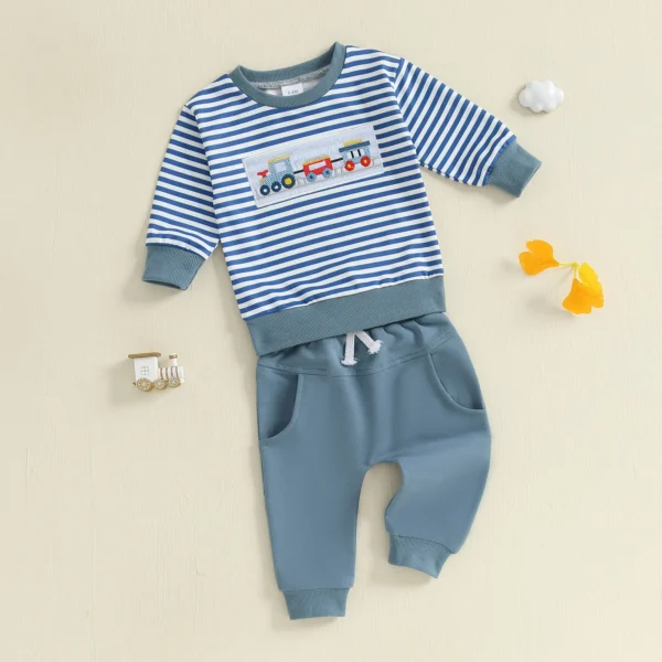 Toddler Baby Boy Fall Winter Outfit Striped Truck Embroidered Long Sleeve Sweatshirt Elastic Waist Pants 2 Piece Set – Bild 2