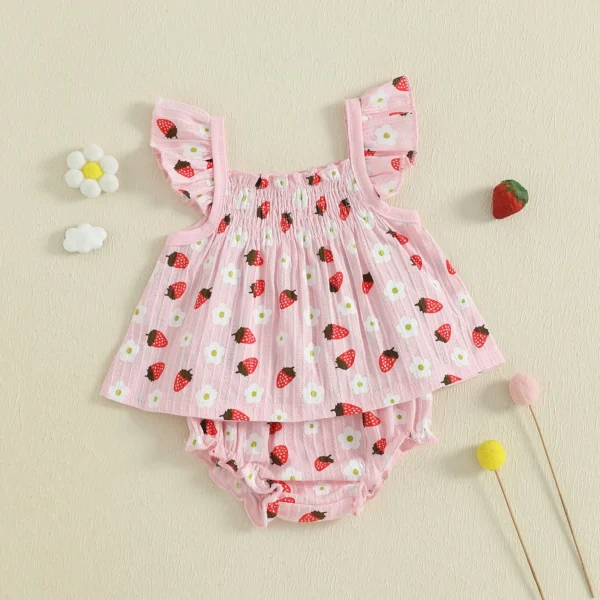 Baby Girl Summer Outfits Strawberry Flower Print Fly Sleeve Tops Elastic Waist Shorts 2Pcs Clothes Set – Bild 2