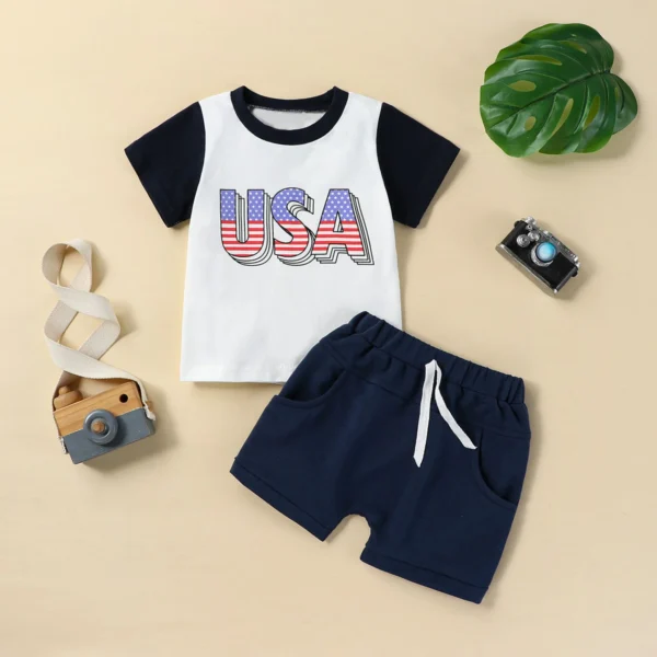 Summer Independence Day Toddler Baby Boys Outfits Letter Print Short Sleeve T-Shirt and Elastic Shorts Clothes Set – Bild 2