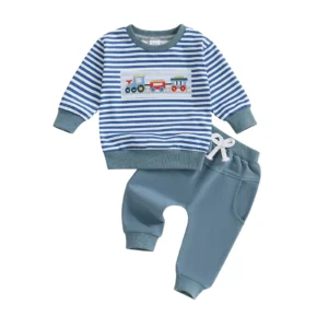 Toddler Baby Boy Fall Winter Outfit Striped Truck Embroidered Long Sleeve Sweatshirt Elastic Waist Pants 2 Piece Set